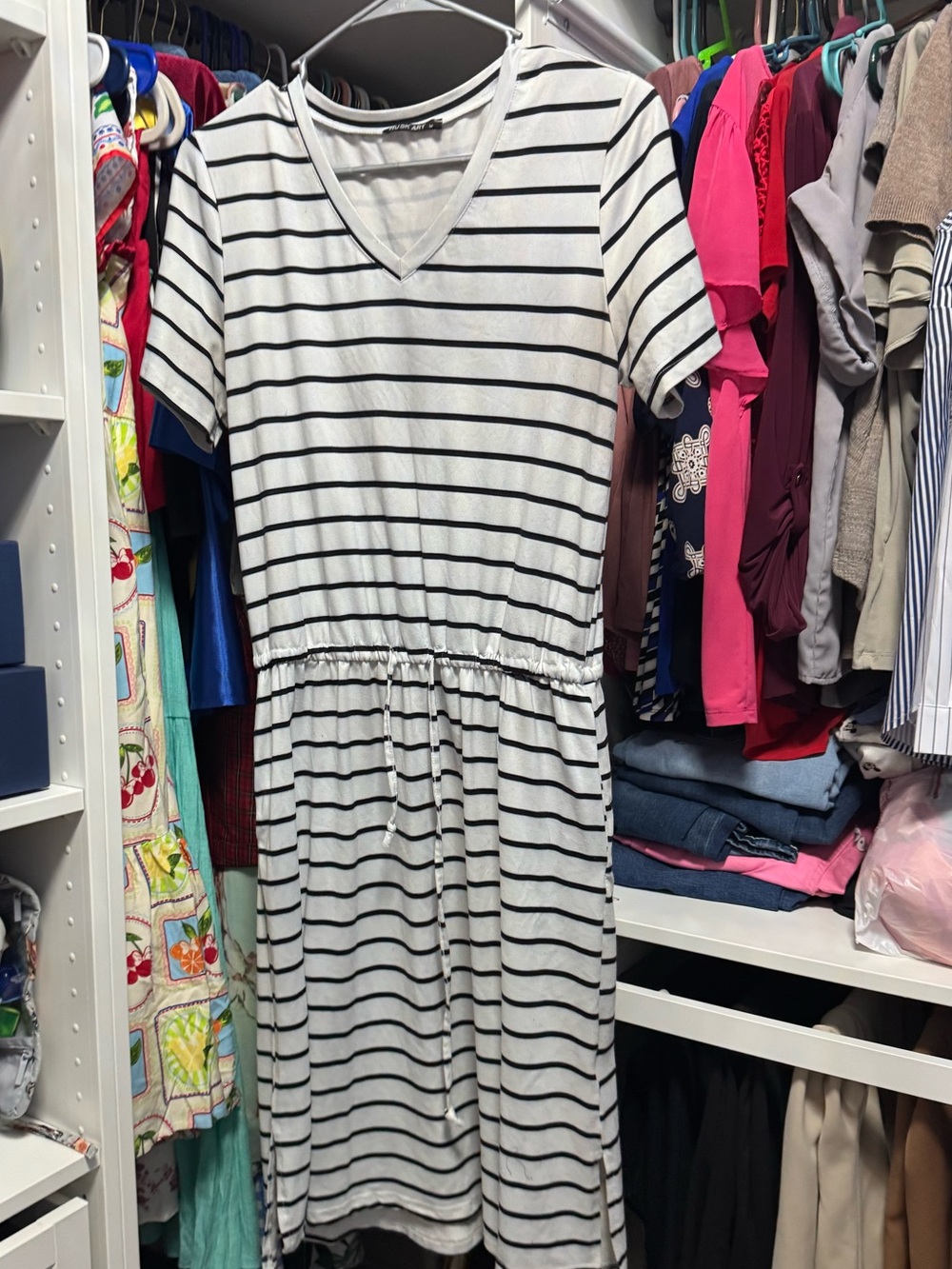 Striped Cotton V-Neck Midi Dress - White with Black Stripes